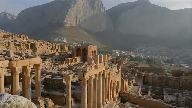 Ancient ruins of Palmyra, Syria, showcasing Roman architecture and historical significance against a mountainous backdrop.