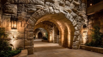 Fototapeta premium Ancient Stone Archway Corridor with Warm Lighting.