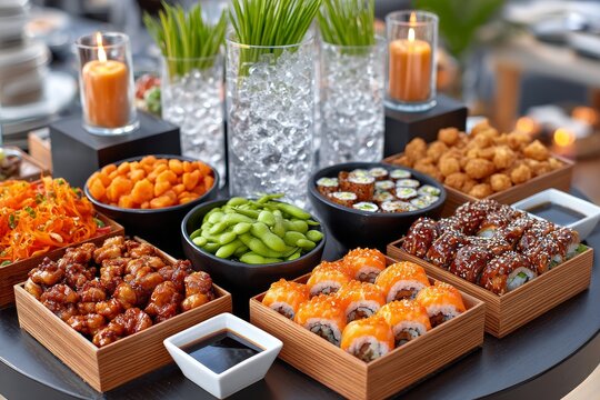  Variedad de aperitivos y sushi presentados en bandejas elegantes en restaurante moderno.
