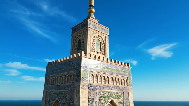 Ornate Islamic minaret overlooking ocean under clear blue sky