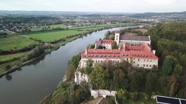 Drone ascending slowly backward from the Benedictine Abbey, Krakow, Poland