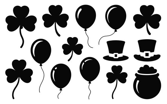 St patrick's day symbols black silhouettes of balloons shamrocks top hats and pot of gold on white background festive icons