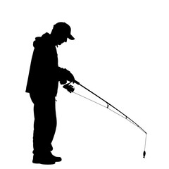 Naklejka premium Silhouette of a Fisherman Casting a Fishing Rod on White Background.