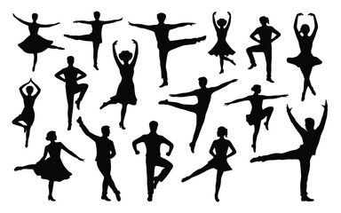 Collection of black silhouettes of ballet dancers in various poses on white background showcasing movement and elegance in dance