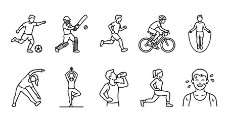 Fototapeta premium Collection of line icons depicting various sports and fitness activities for health