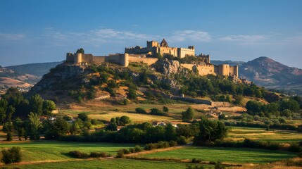 Obraz premium Ancient Castle Fortress on a Hilltop Overlooking a Verdant Valley.