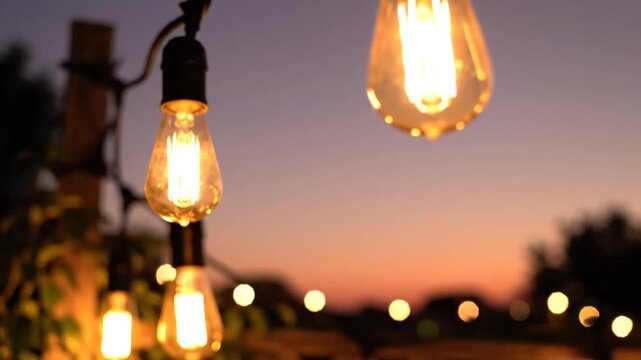 Cinematic Rack Focus Shot of Warm Edison String Lights Hanging Outdoors at Twilight, Creating a Relaxing Evening Ambiance for Patio Decor and Celebrations