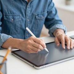 Architect Designing Modern Interior Projects Using Digital Tablet in Creative Studio Office, Close up