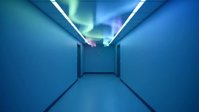 A futuristic hallway features linear ceiling lights. Abstract colorful aurora patterns dance across the surfaces.