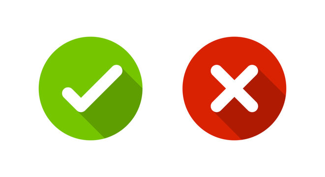 Check mark and cross icon with long shadow. Approve and reject symbol. Yes and no sign