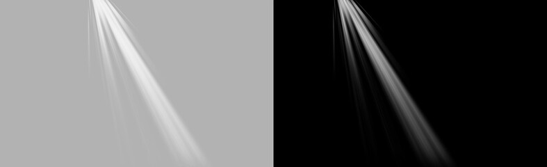 Narrow angled light shaft isolated on transparent background, single white spotlight beam with long tapered falloff and soft diffusion, realistic stage illumination overlay PNG