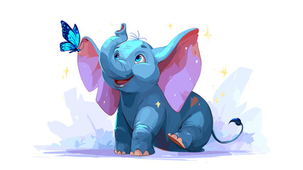 Fototapeta premium Cute baby elephant looking at a blue butterfly in a magical forest