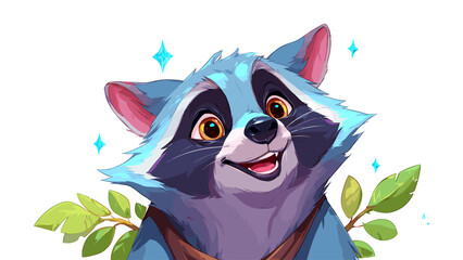 Fototapeta premium Adorable raccoon character portrait with bright eyes and leaves