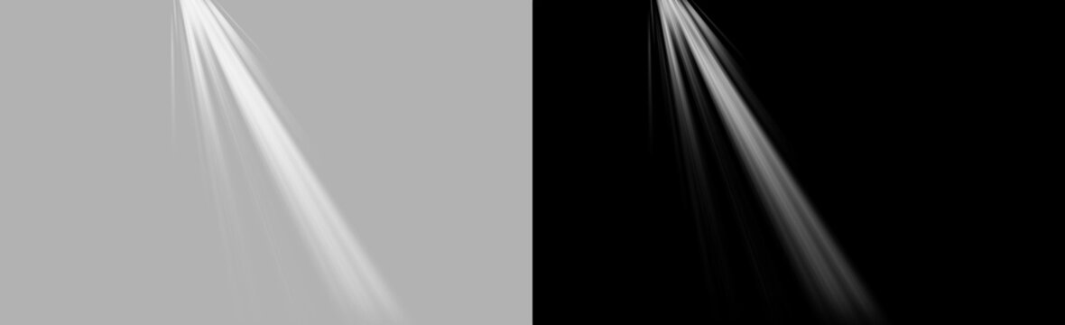 Narrow angled light shaft isolated on transparent background, single white spotlight beam with long tapered falloff and soft diffusion, realistic stage illumination overlay PNG