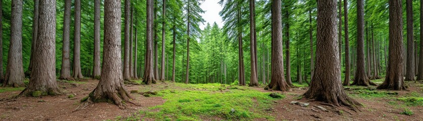 Fototapeta premium A lush evergreen forest with tall pine trees and a green grassy floor under a bright sky.
