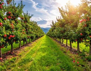 Fototapeta premium Lush Apple Orchard with Ripening Fruit Under Bright Blue Sky