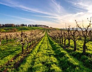 Obraz premium Blossoming Orchard Landscape Under Clear Blue Sky at Sunset