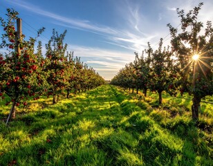 Lush Apple Orchard with Sunlight and Clear Blue Sky in Autumn