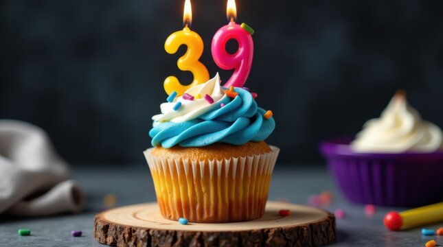 39th birthday. Colored cupcake with whipped cream, sprinkles. candles number 39 
