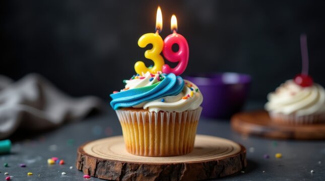 39th birthday. Colored cupcake with whipped cream, sprinkles. candles number 39 
