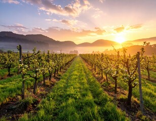 Fototapeta premium Scenic Sunrise Over Vineyard Rows With Green Grapevines and Mountains