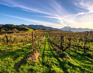 Obraz premium Scenic Vineyard Landscape Under Clear Skies and Rolling Mountains