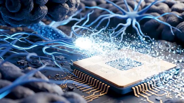 Neural Interface Chip Connecting Human Brain Neurons With Gold Microchip Contacts Showing Data Flow Between Biology and Intelligence