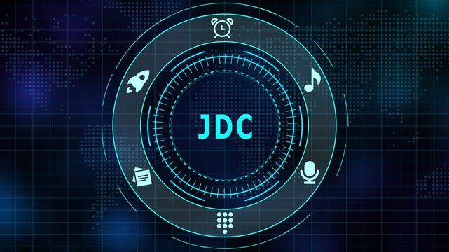 JDC Brand Identity Interface on Dark Blue Background with Teal UI Elements, Modern Digital Technology and Corporate Design Concept.