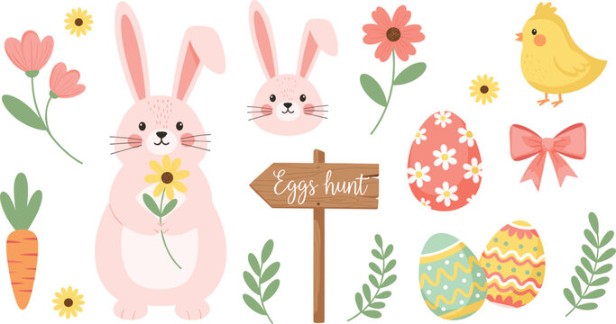 Cute Easter bunny vector illustration with eggs chick carrot flowers bow and egg hunt sign isolated on white background for spring holiday designs