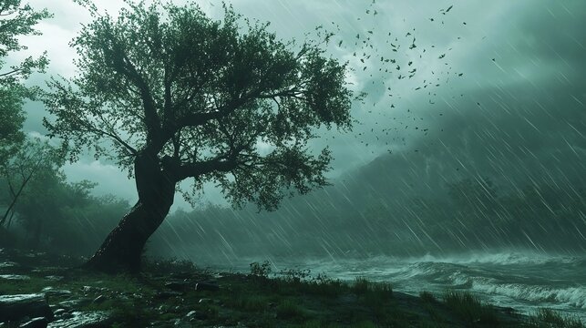 Trees Bending in Strong Wind Amid Rain and Storm &ndash; Dramatic Weather Scene with Gusts and Turbulence