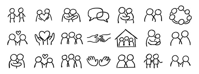 Naklejka premium Collection of simple hand-drawn icons for family, love, and community, featuring people, hearts, and hands in a black doodle sketch style.