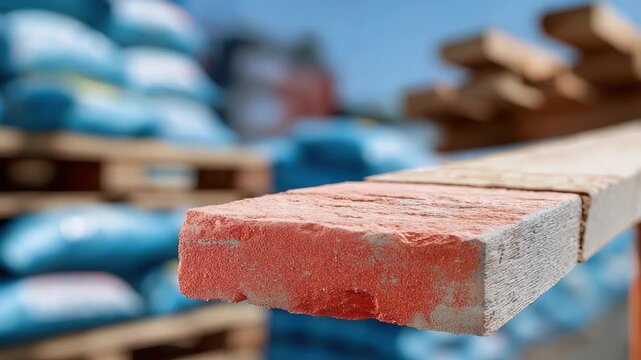 Lumber transporting on conveyor in construction site with blurred background of cement bags
