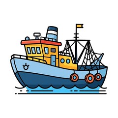 Colorful Cartoon Fishing Boat on Water.