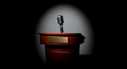 A vintage microphone stands on a wooden podium under a spotlight ready for a speaker to address an audience