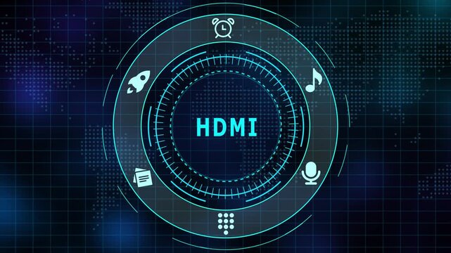 HDMI high definition multimedia interface connector concept with 3D text on abstract blue digital background.