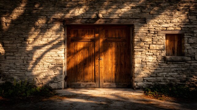 Rustic Wooden Barn Doors Bathed in Golden Sunlight and Tree Shadows.