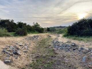 Dried Riverbed Park: Rocks and green growth in a dried riverbed with clouds and sunlight.