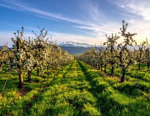 Scenic Flowering Orchard with Mountain View under Blue Sky