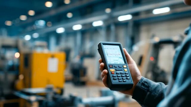 Person Holding Barcode Scanner in Factory.
