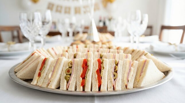 Sandwich de Miga arranged on large platter for party buffet celebration