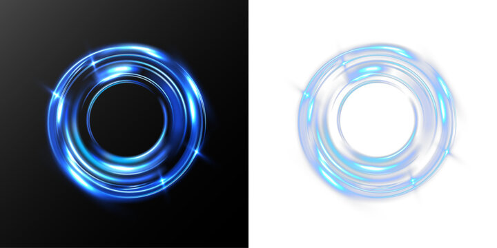 Glowing blue circular light rings with neon highlights and smooth motion trails, forming a futuristic energy frame on dark or transparent backgrounds.