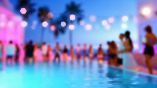 Blurred poolside party at sunset with socializing and dancing in colorful lights