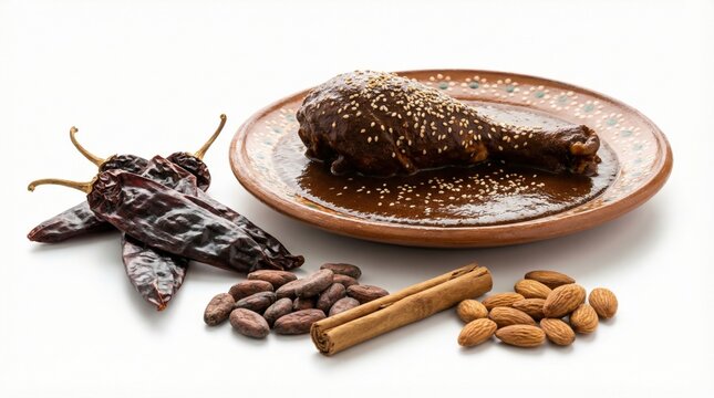 Mole Poblano chicken leg with dried chilies, cocoa, cinnamon and almonds on white