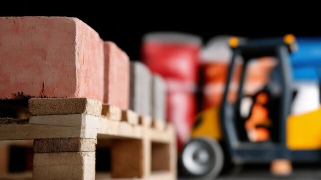 Forklift navigating warehouse aisle with stacked pallets and colorful containers