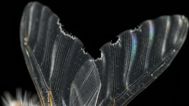 Damaged Clear Moth Wings Macro View Shows Delicate Veins, Broken Edges against Black Backdrop. Natural Texture, Detail, and Imperfect Beauty Abound.