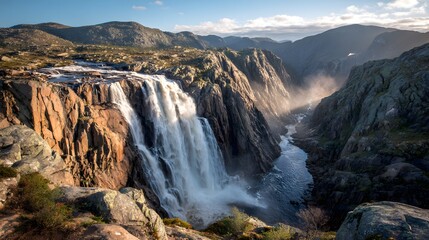 Naklejka premium Majestic Waterfall Cascading Down Rugged Rocky Cliffs Under a Bright Sky.