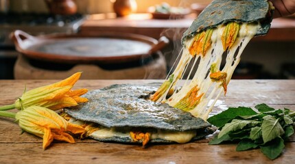 Quesadilla de flor de calabaza with stretchy melted cheese and fresh squash blossoms
