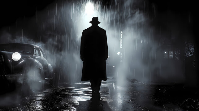 Mysterious Man in Trench Coat and Hat Walking Through Rain and Fog in Film Noir Style
