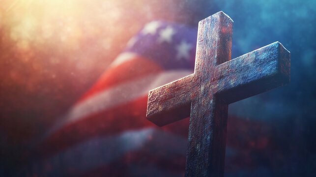 United Under One Banner &ndash; Christianity&rsquo;s Influence on American Patriotism, Featuring the Cross of Jesus Against a Waving American Flag Background