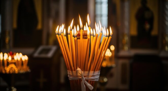 Lit church candles bundle with a white ribbon in a dark orthodox church interior. Prayer, remembrance, spirituality concept. Holiday celebration.